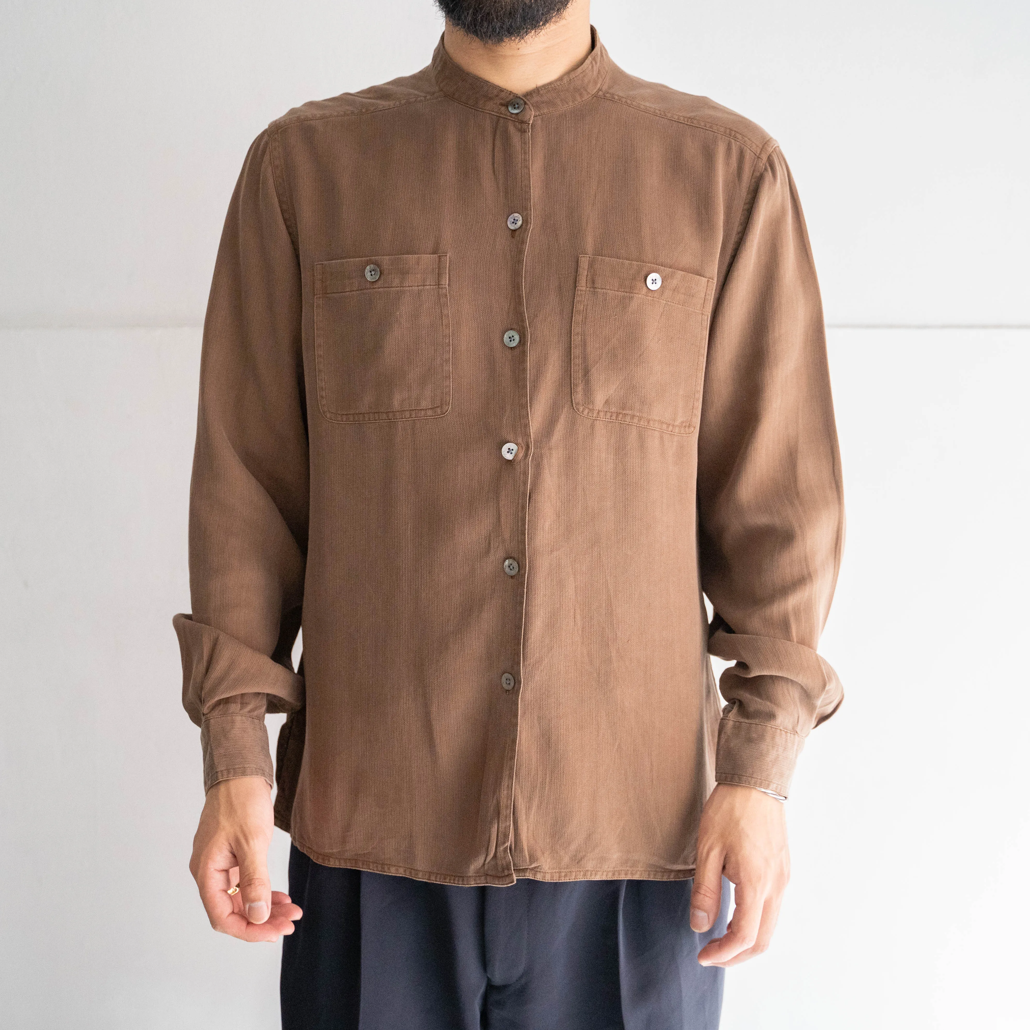 1990s brown color all silk stand collar shirt