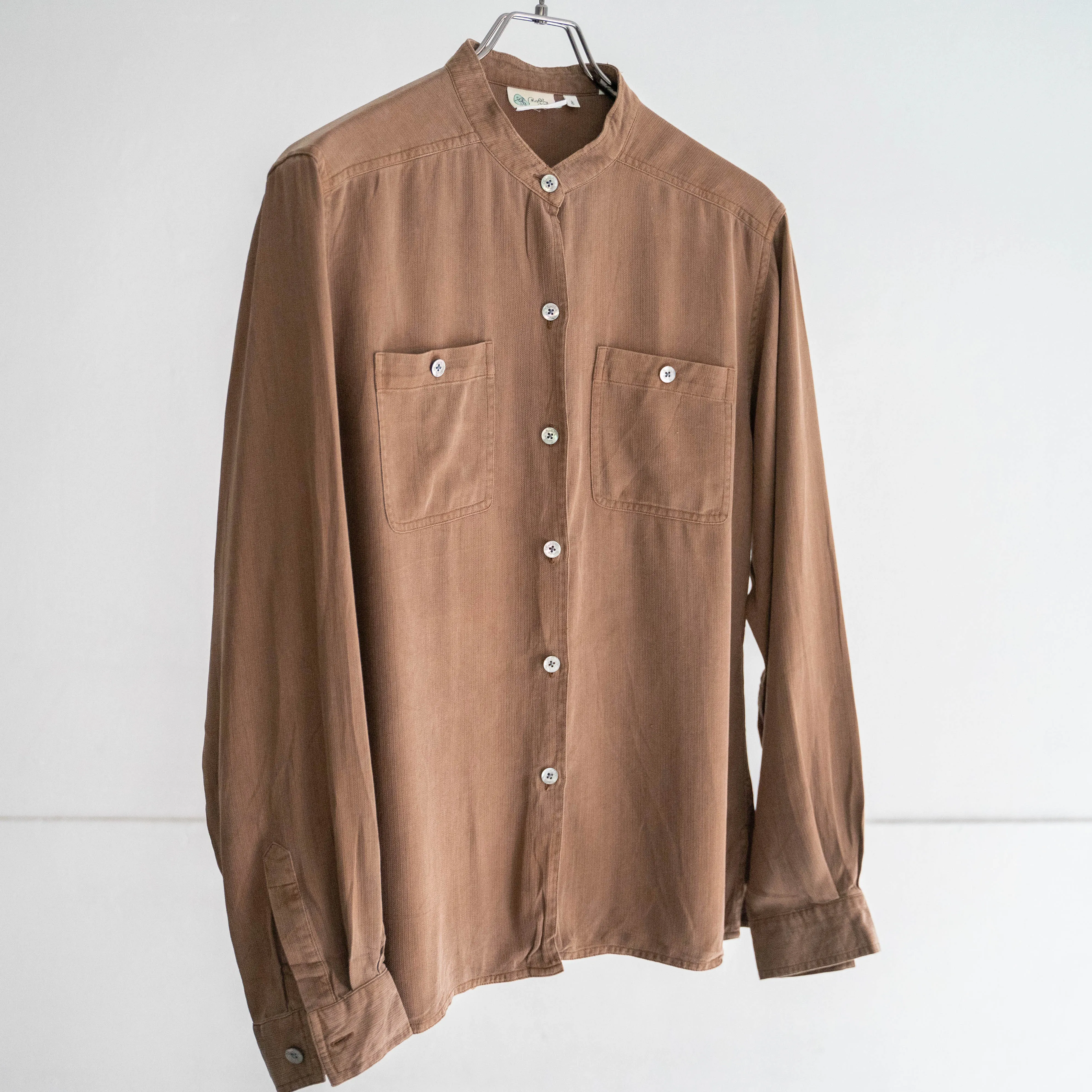 1990s brown color all silk stand collar shirt