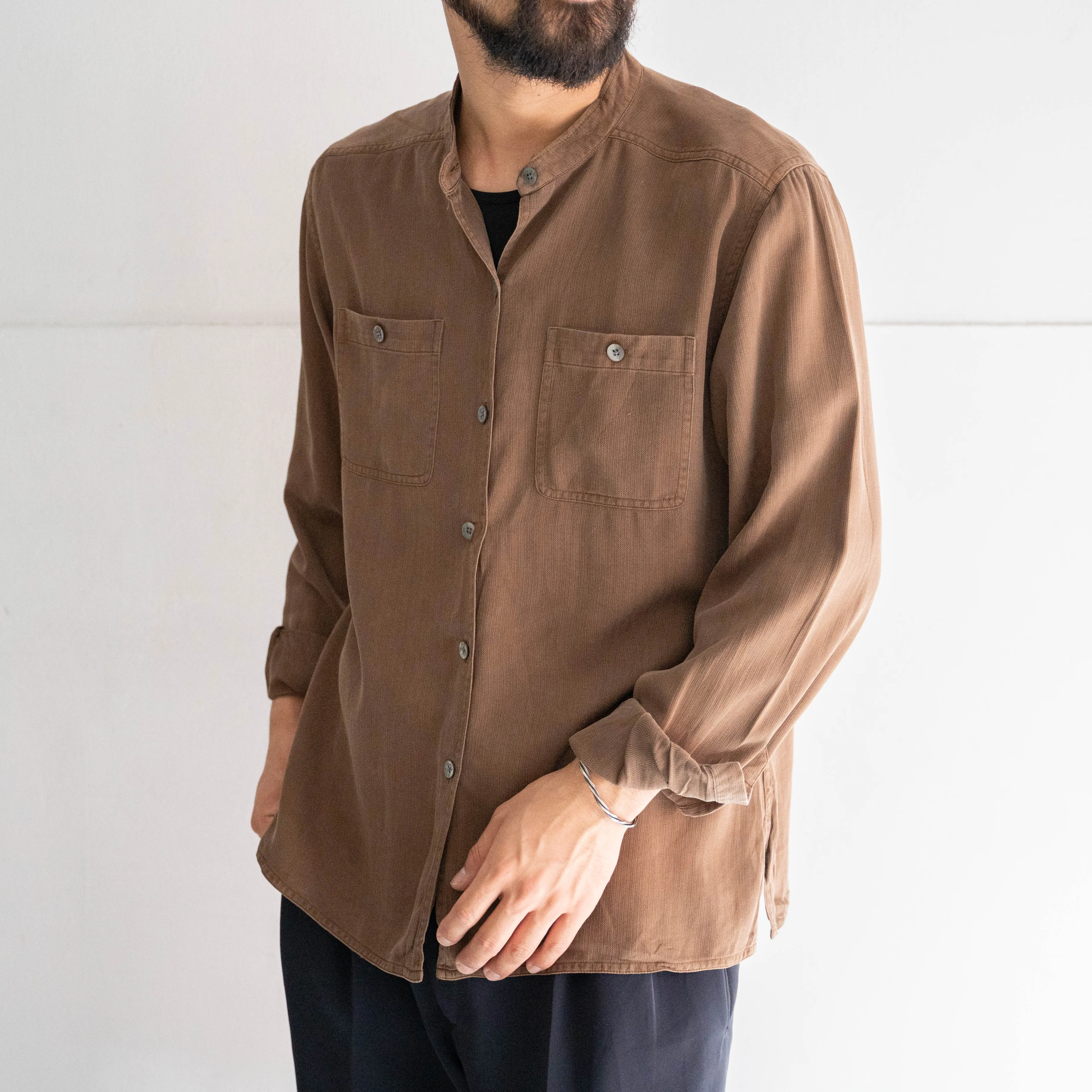 1990s brown color all silk stand collar shirt