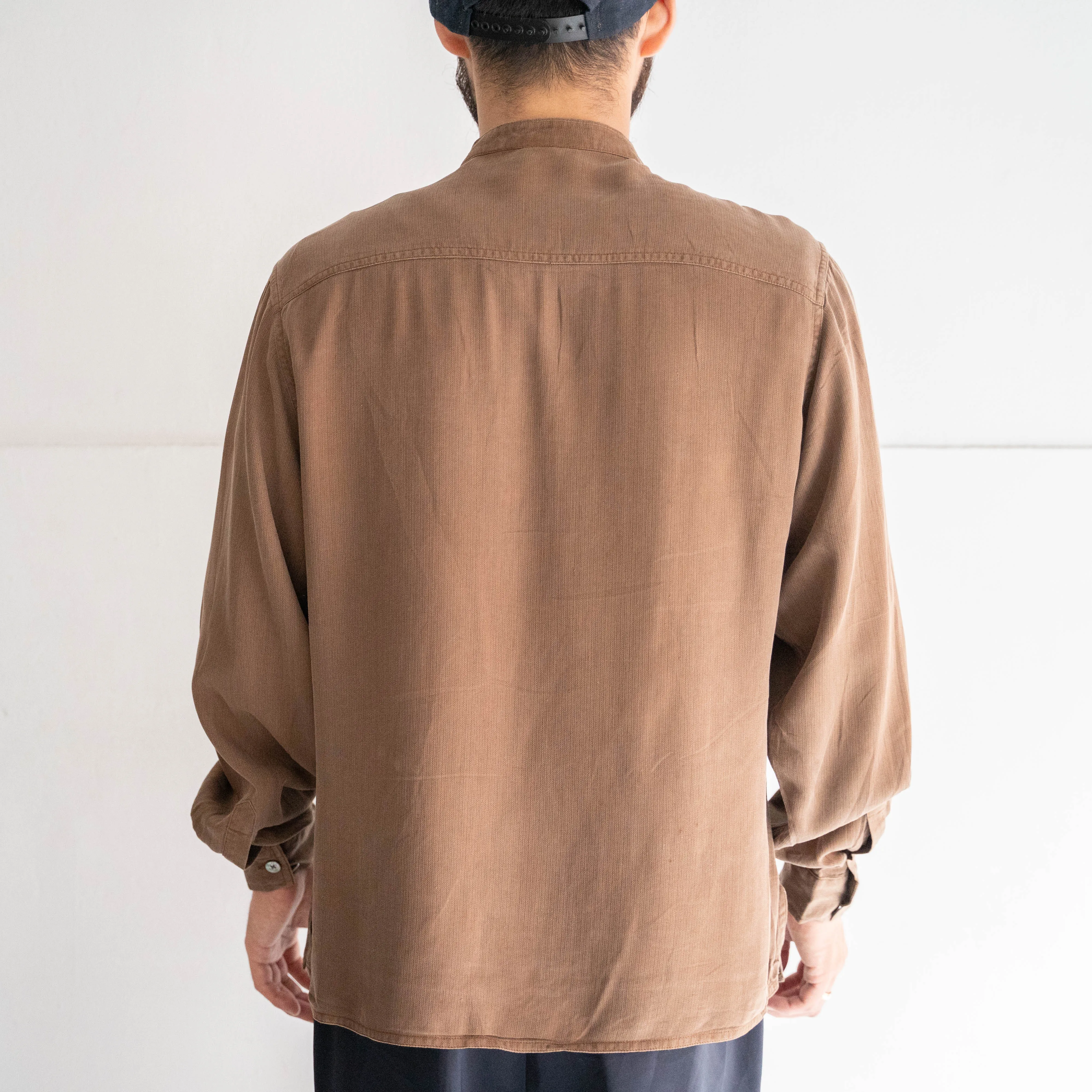 1990s brown color all silk stand collar shirt