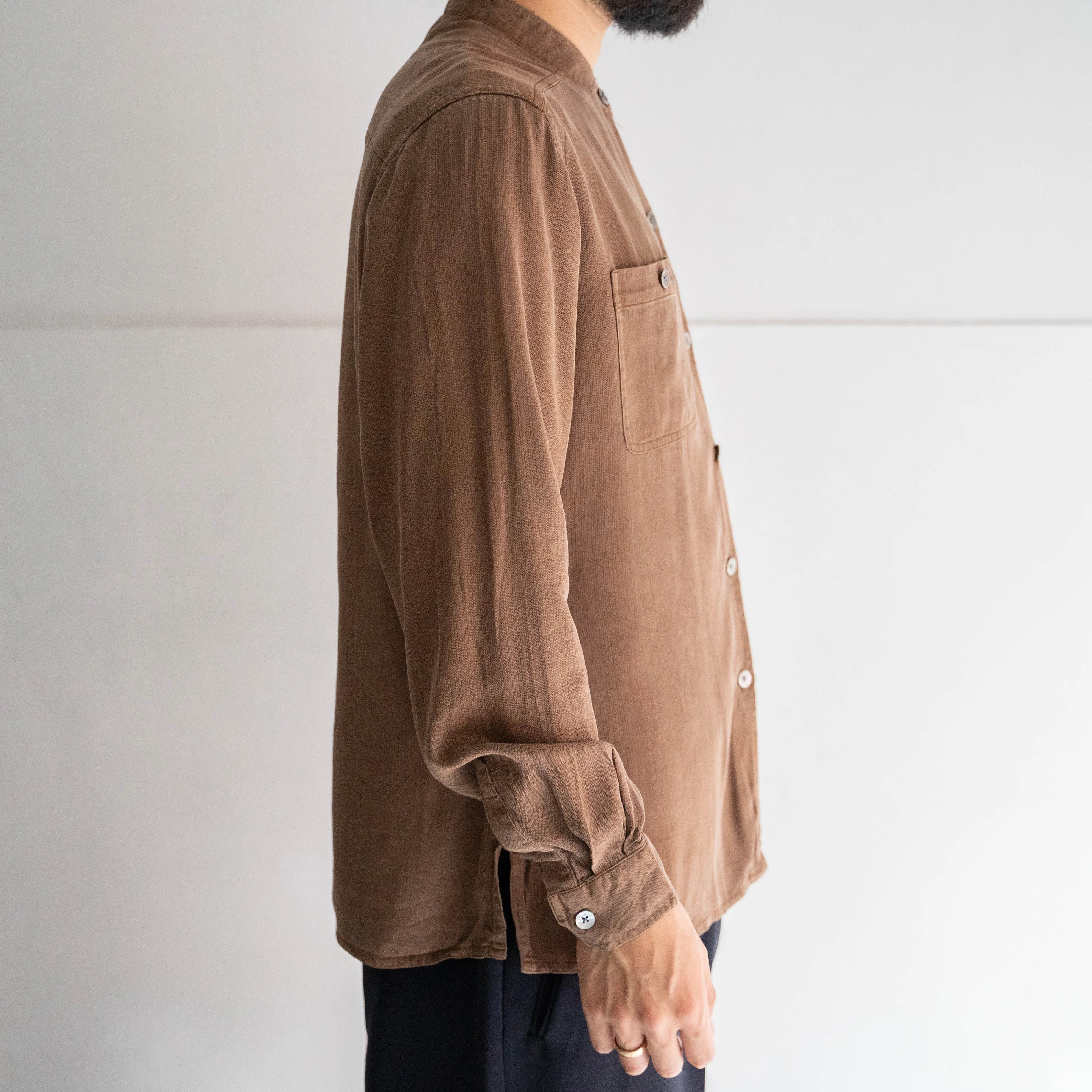 1990s brown color all silk stand collar shirt