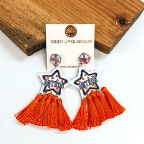 AB Crystal Post Back Earrings with Star Pendant and Orange Tassels