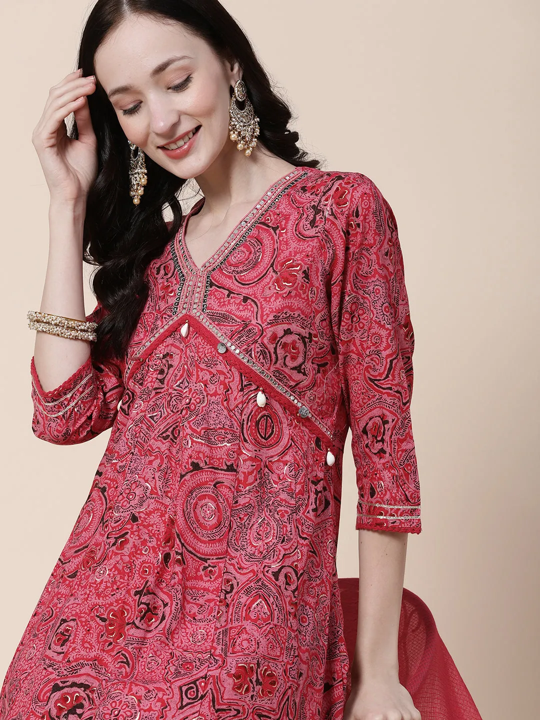 Abstract-Ethnic Printed Mirror, Beads & Zari Embroidered Anarkali Kurta with Pants & Dupatta - Amaranth Pink