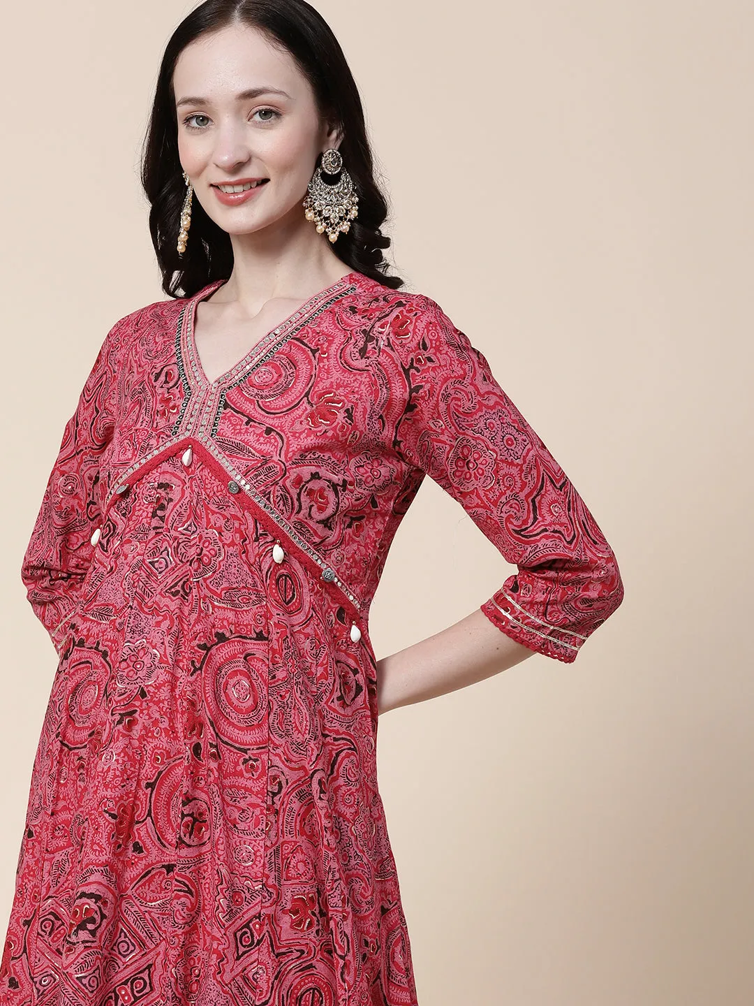 Abstract-Ethnic Printed Mirror, Beads & Zari Embroidered Anarkali Kurta with Pants & Dupatta - Amaranth Pink