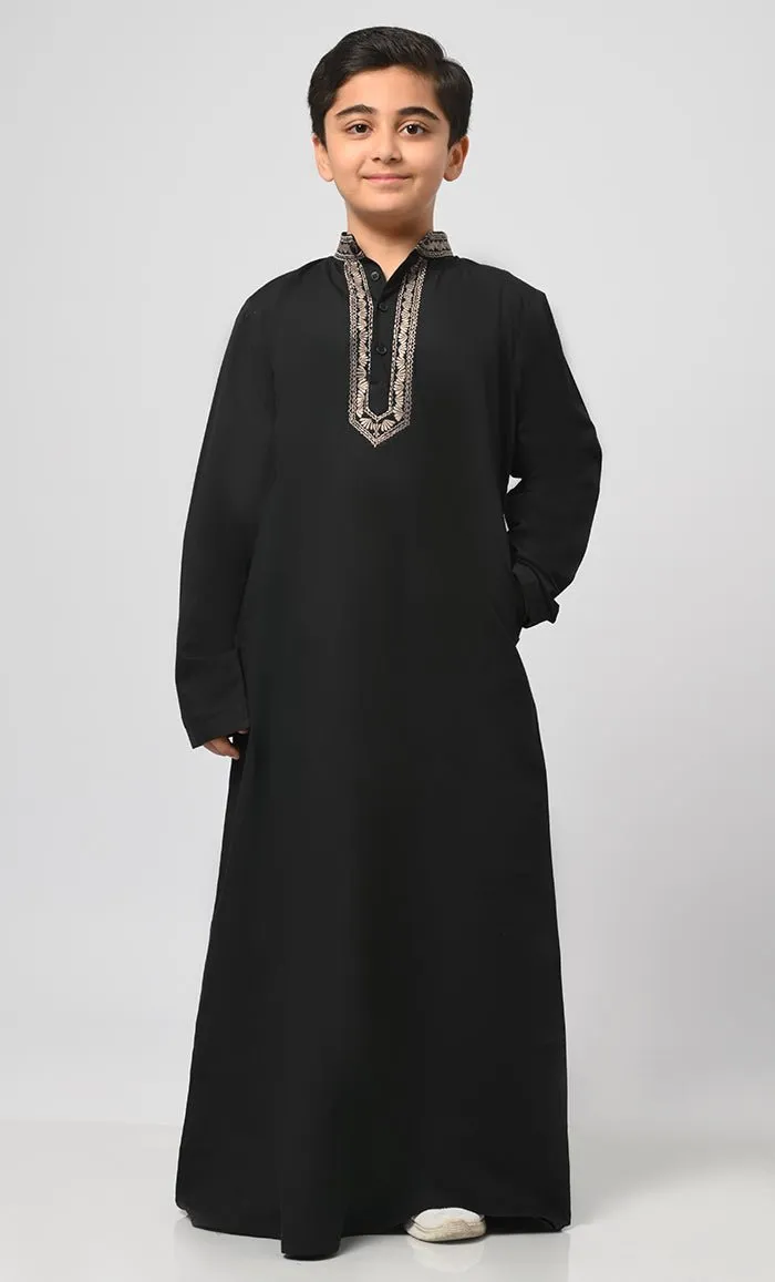 Arabic Boys Muslim Thread Embroidered Detailing Thobe - Final Sale