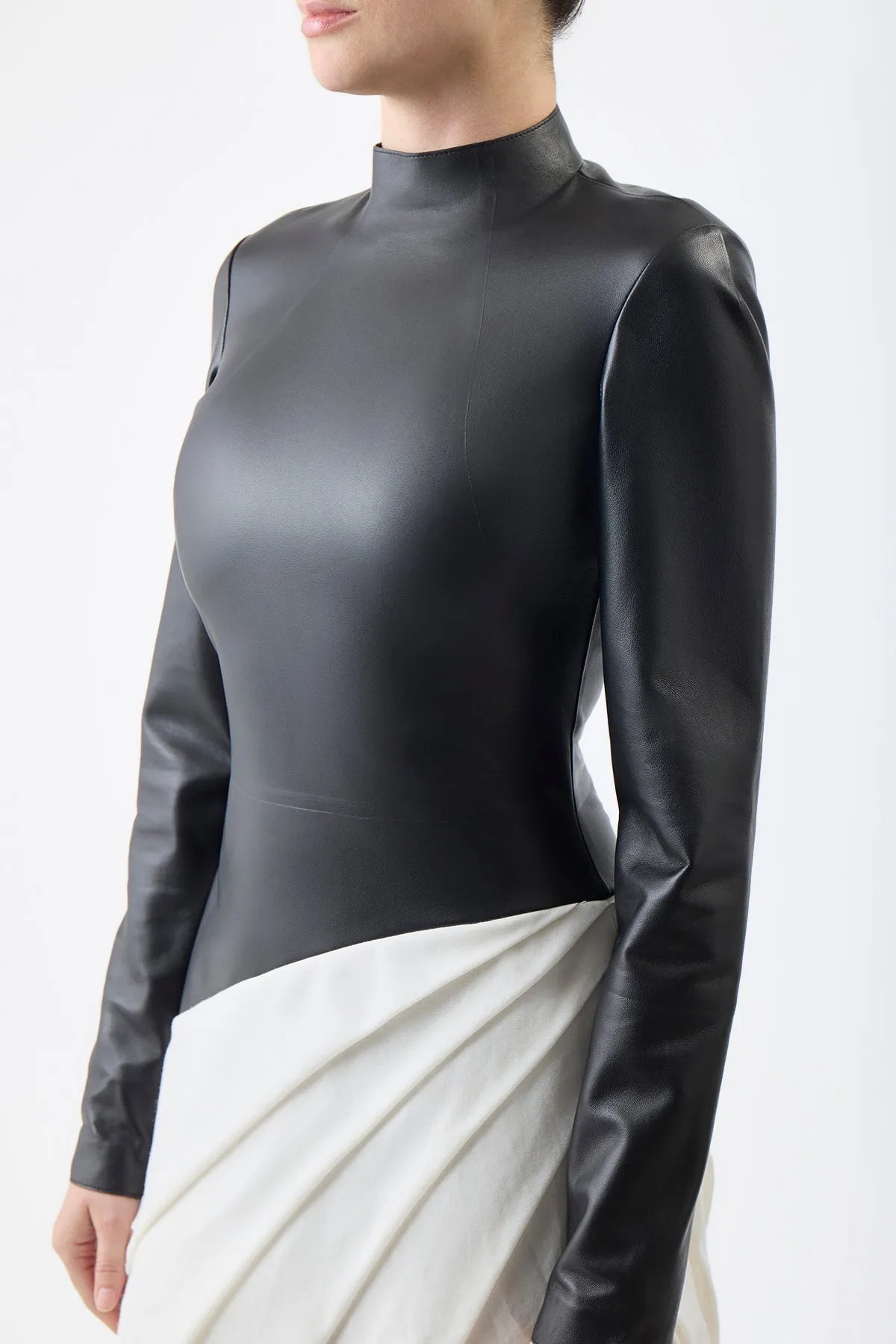 Aulay Pleated Maxi Dress in Black Nappa Leather & Ivory Cashmere Wool