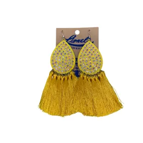 Bright Yellow Teardrop Earrings w/AB Crystals & Tassels