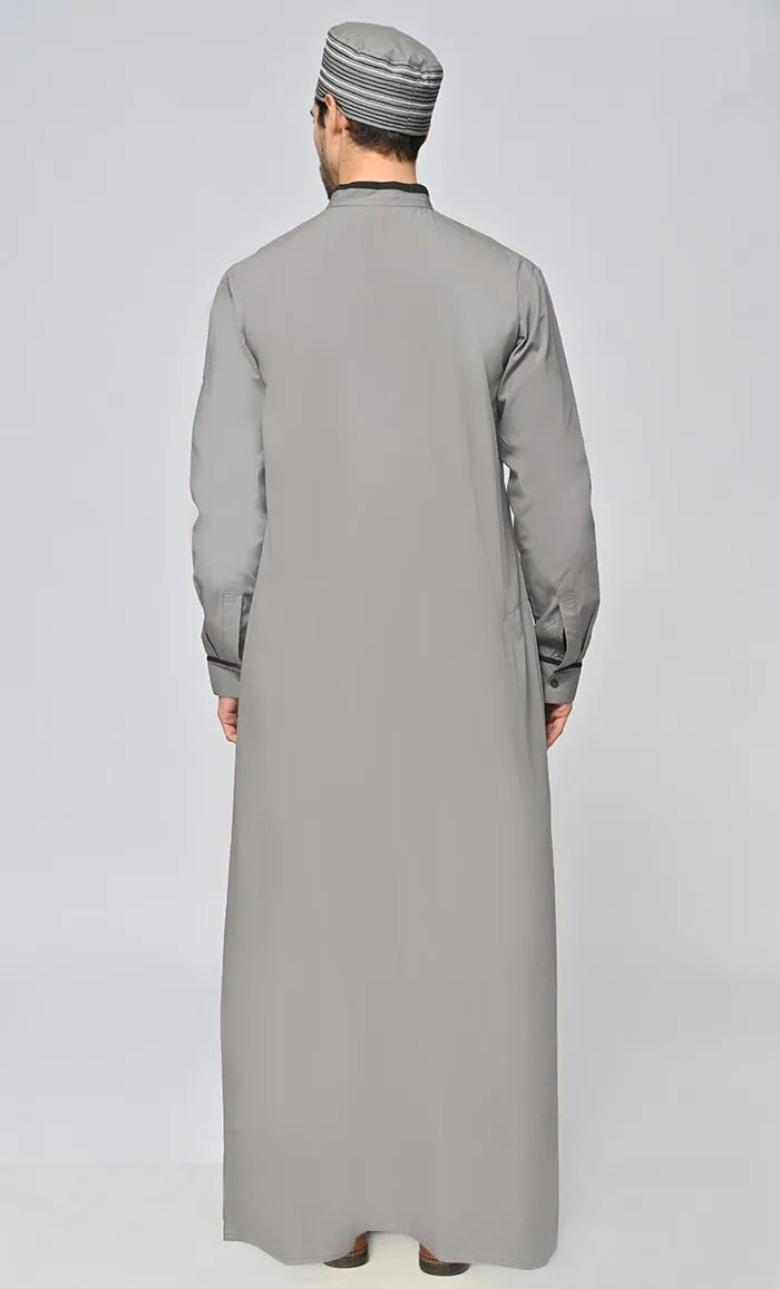 Buy Mens Islamic Embroidered Thobe/Jubba With Pockets And Kufi-Grey