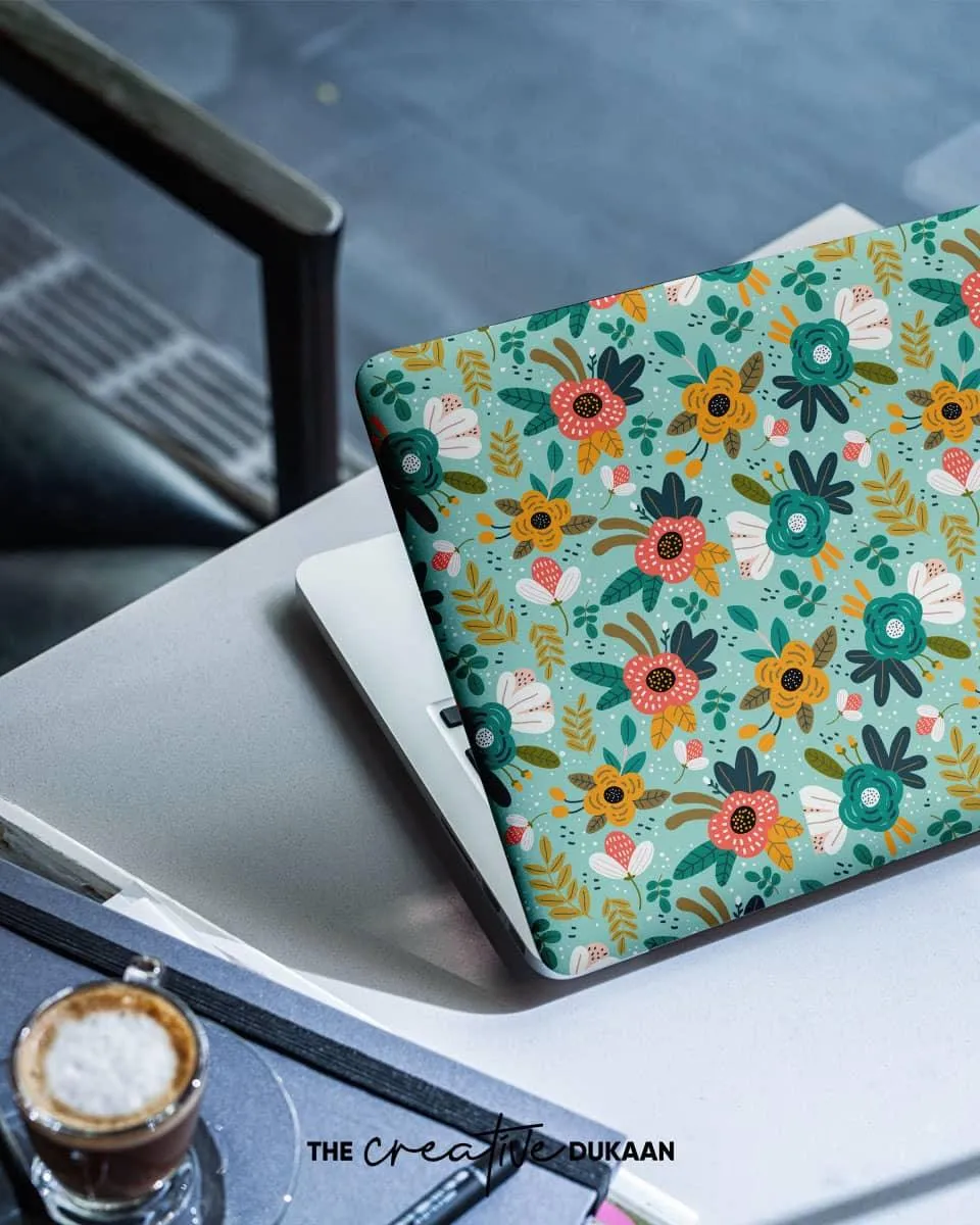 Cool Flowers Spring Floral Laptop Skin in Green Colour