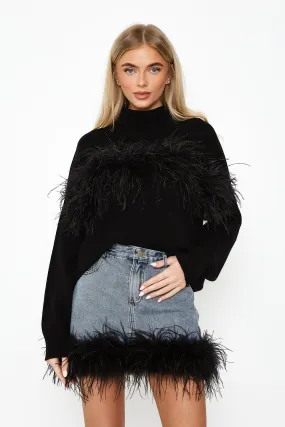 Denim Skirt with Feather Trim