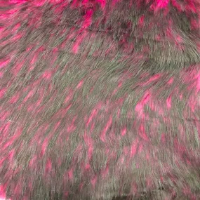 Fuchsia Black Husky Print Long Pile Shaggy Faux Fur Fabric