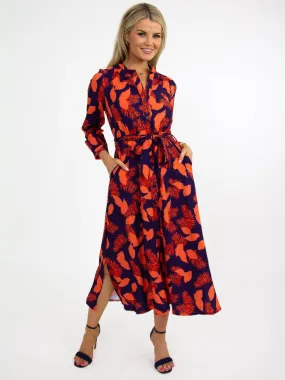 Kate & Pippa Capri Dress In Navy / Orange Feather Leaf Print