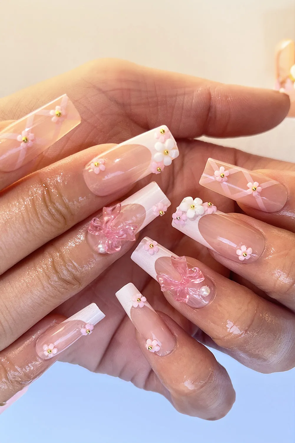 Light Pink Floral Bowknot Nail Sticker Set