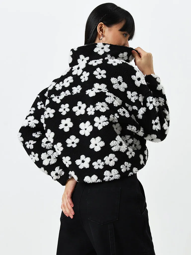 Nuon Black Floral Design Faux-Fur Jacket