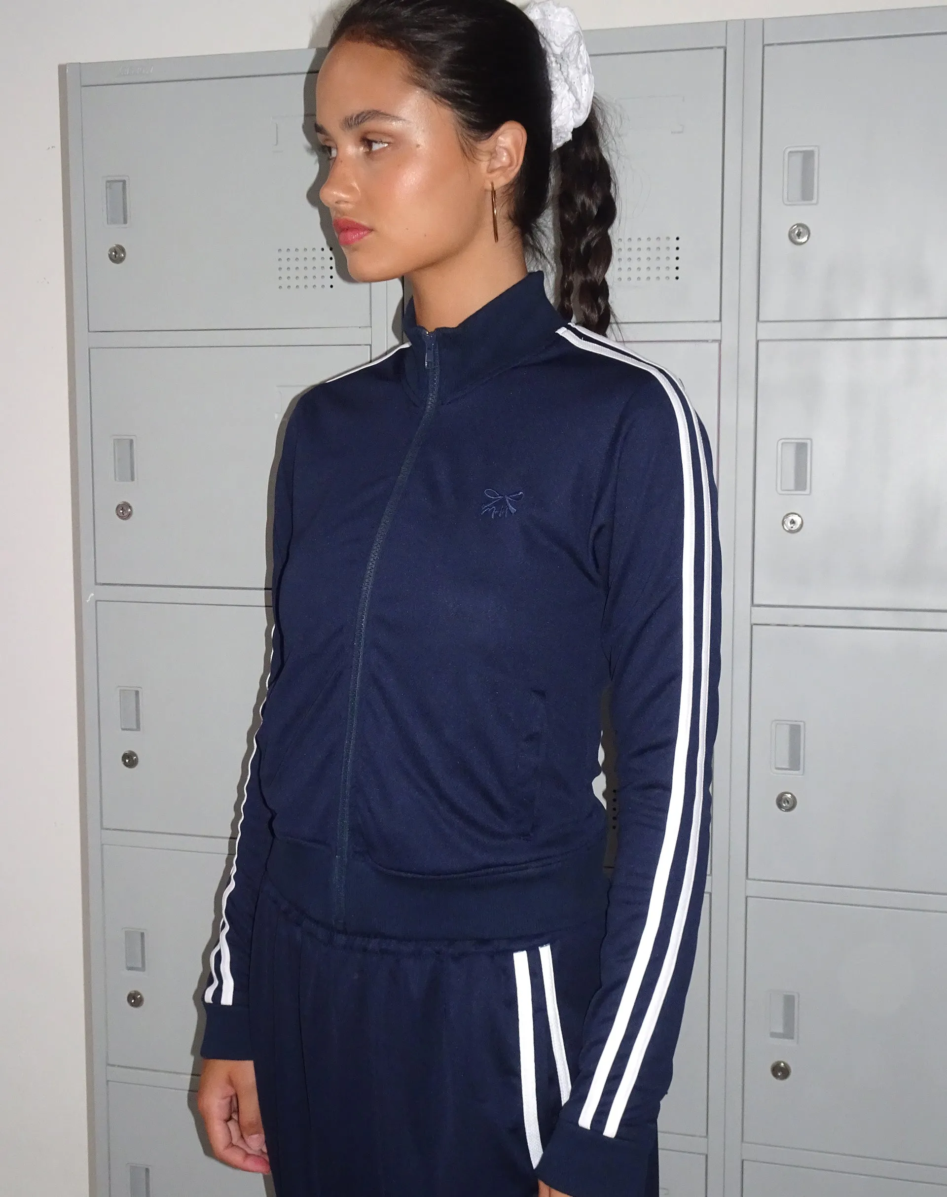 Orion Zip Up Jumper in Navy with White Stripes and M Embroidery