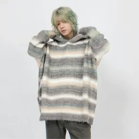 Oversized Pastel Striped Ribbed Hem Hoodie Sweater