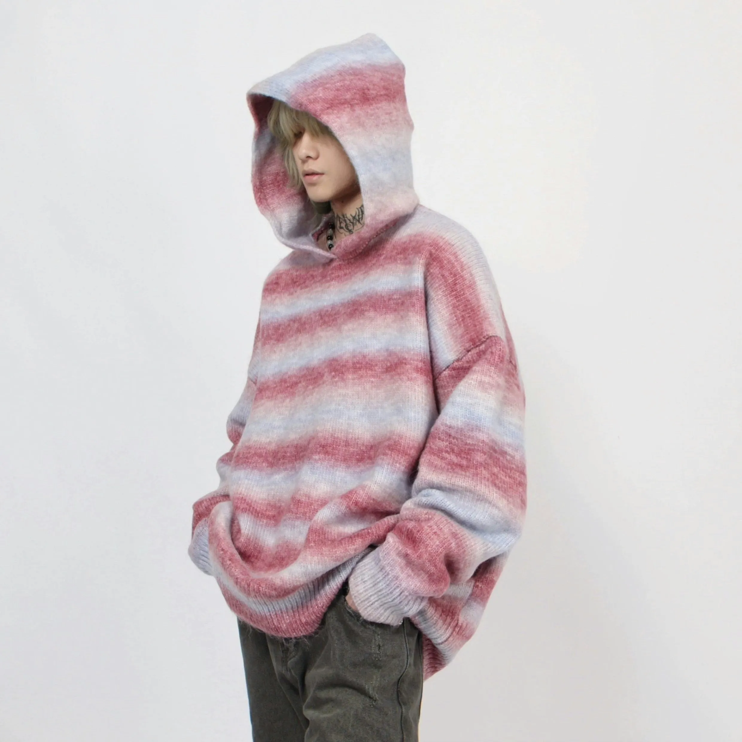 Oversized Pastel Striped Ribbed Hem Hoodie Sweater