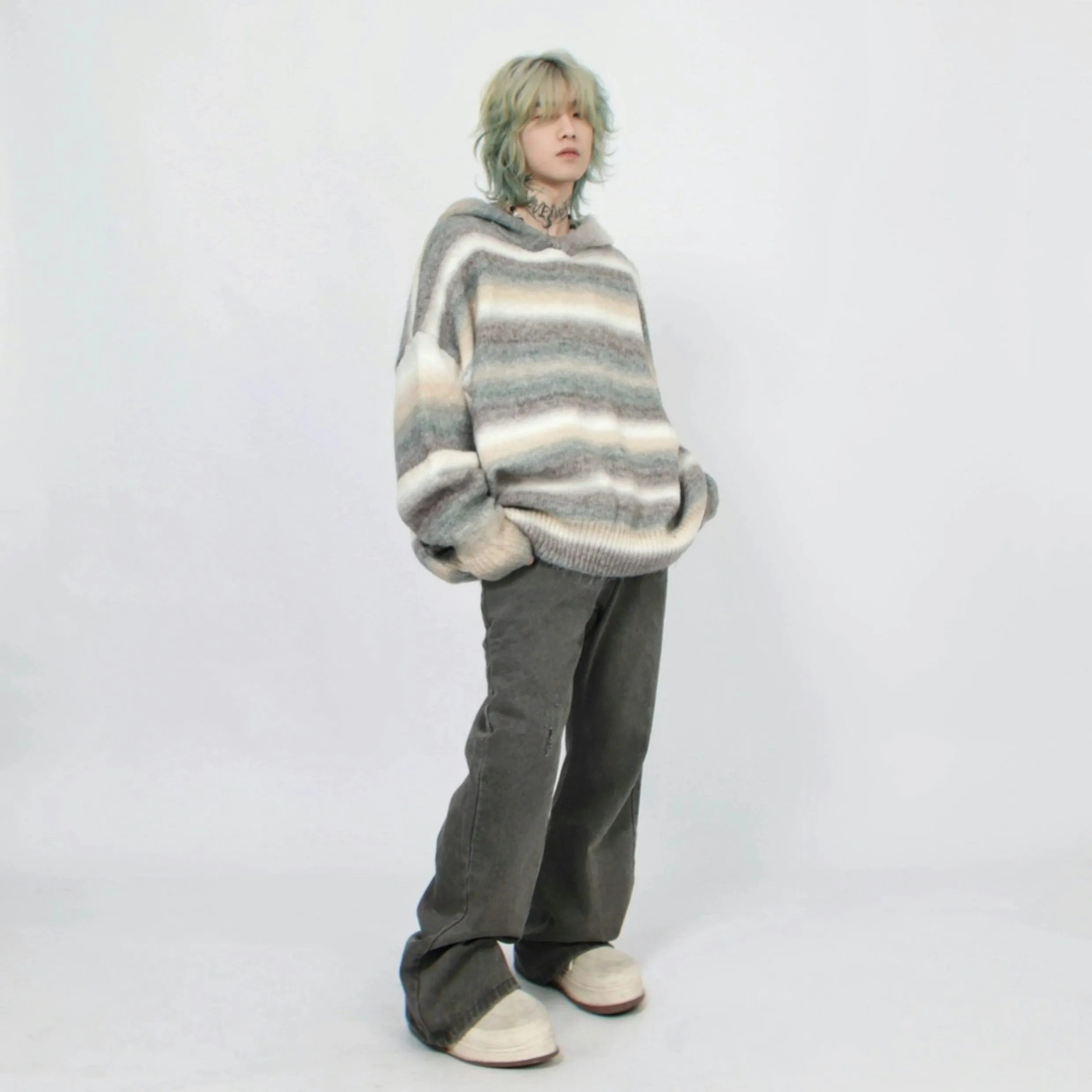 Oversized Pastel Striped Ribbed Hem Hoodie Sweater