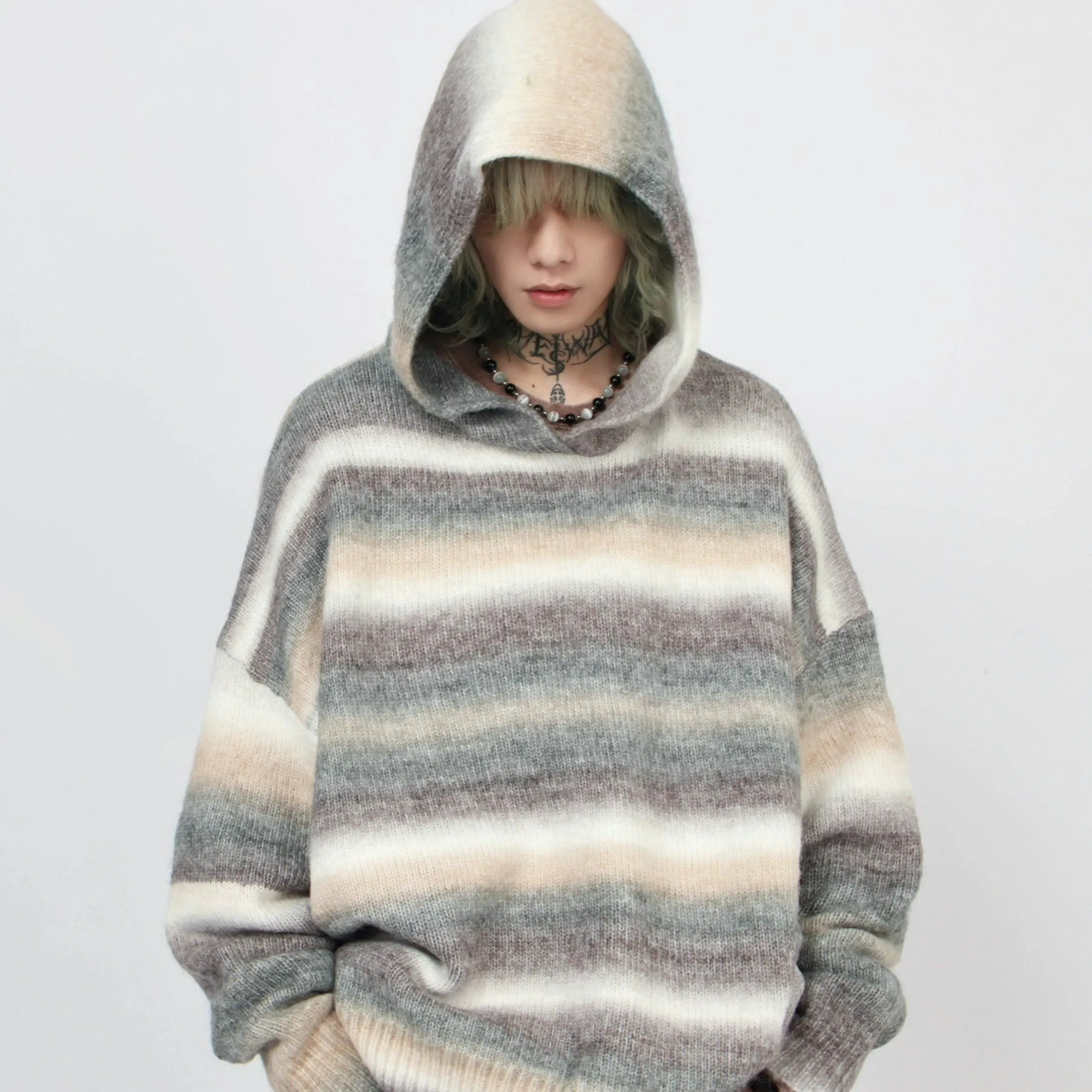 Oversized Pastel Striped Ribbed Hem Hoodie Sweater