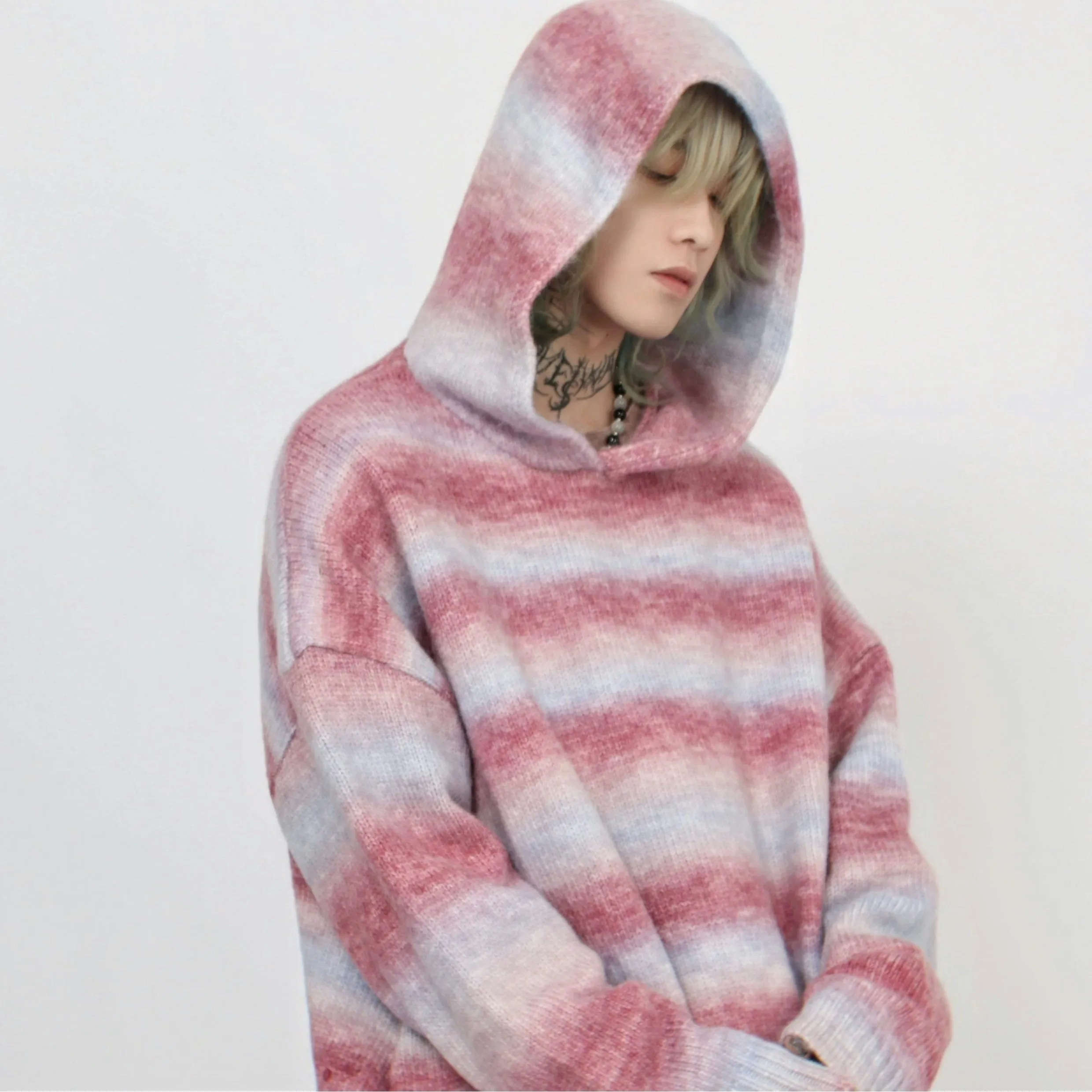 Oversized Pastel Striped Ribbed Hem Hoodie Sweater