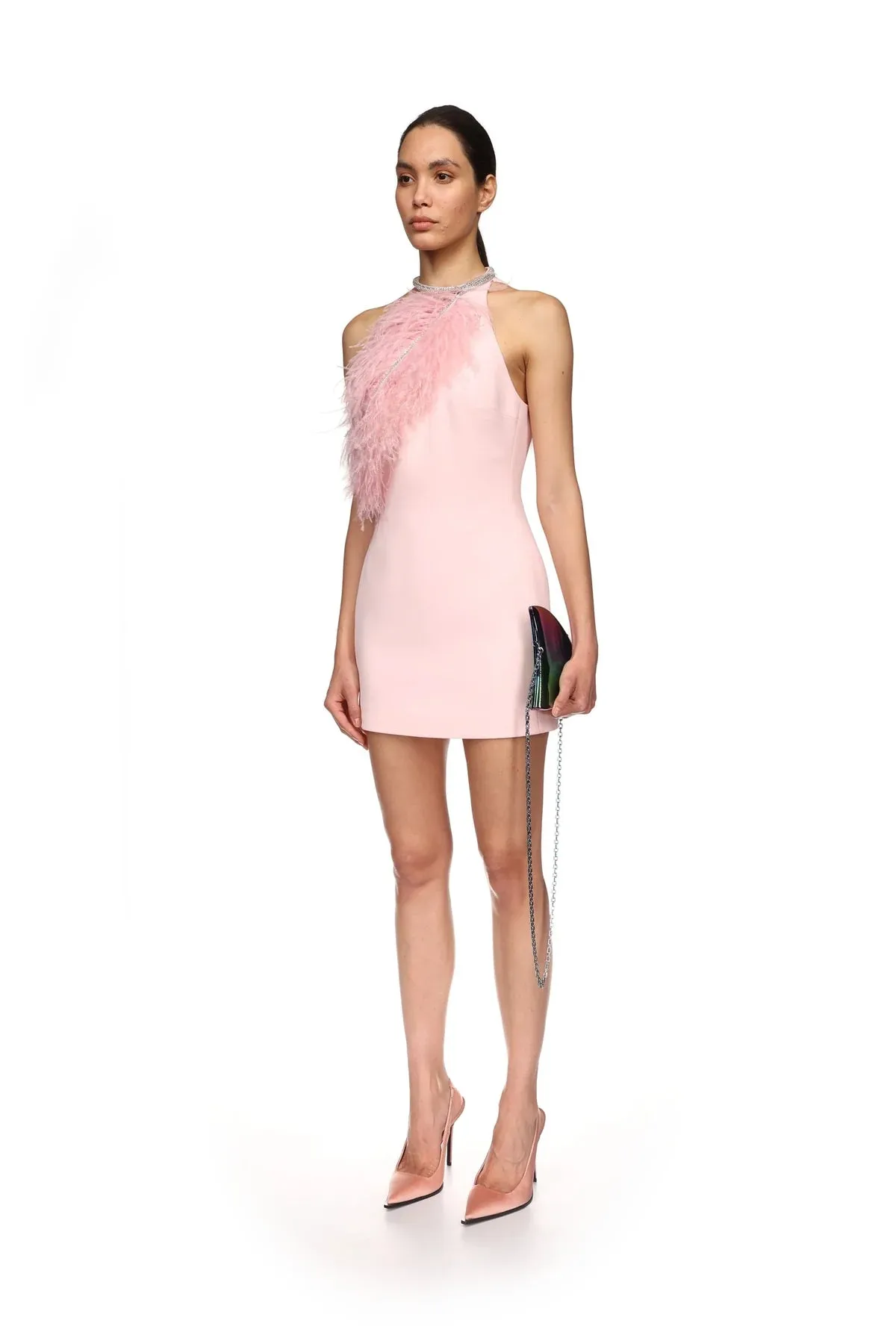 PF24DK19D Crystal feather halter dress