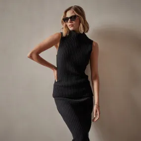 Ribbed Cashmere Sleeveless Turtleneck - Black