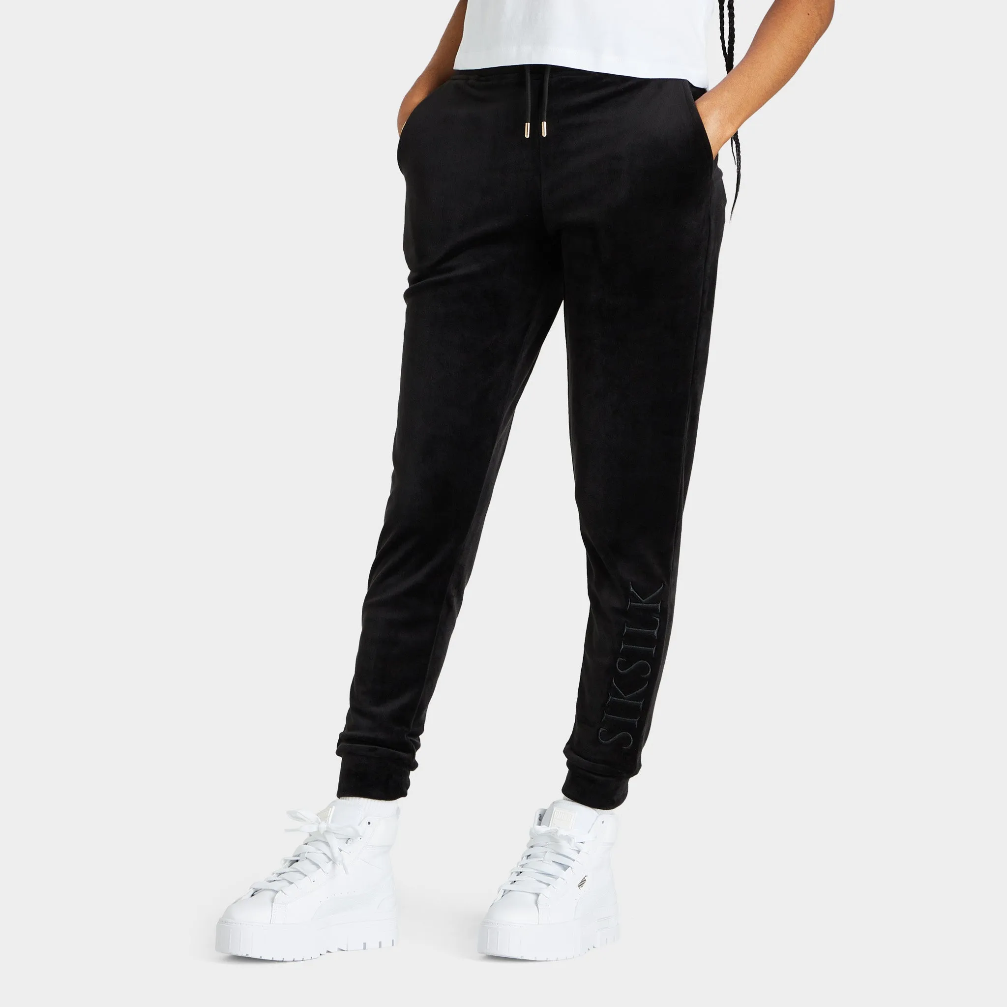 SikSilk Women's Velour Embroidered Joggers / Black