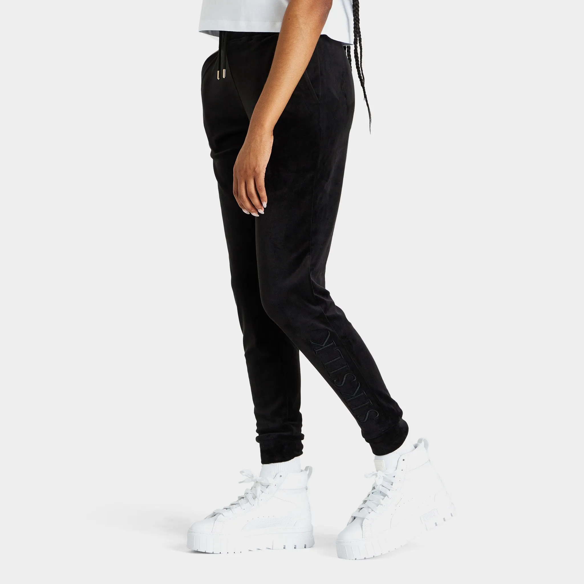 SikSilk Women's Velour Embroidered Joggers / Black