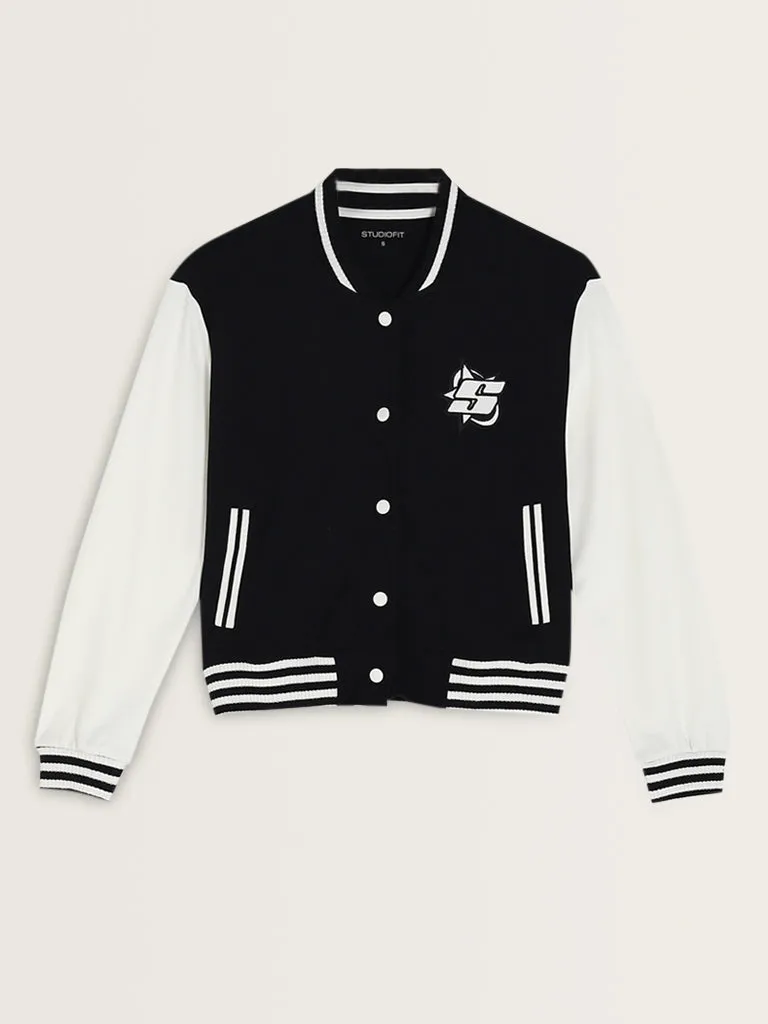 Studiofit Black Embroidered Varsity Cotton Blend Jacket