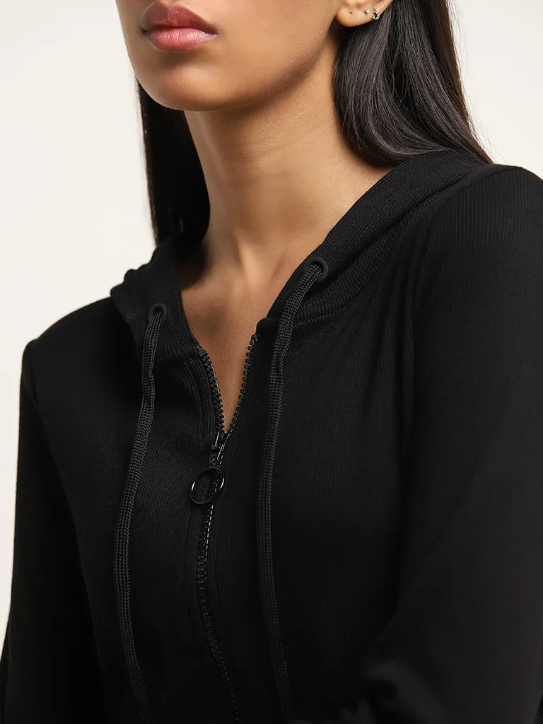 Studiofit Black Ribbed-Texture Cotton Blend Hooded Jacket