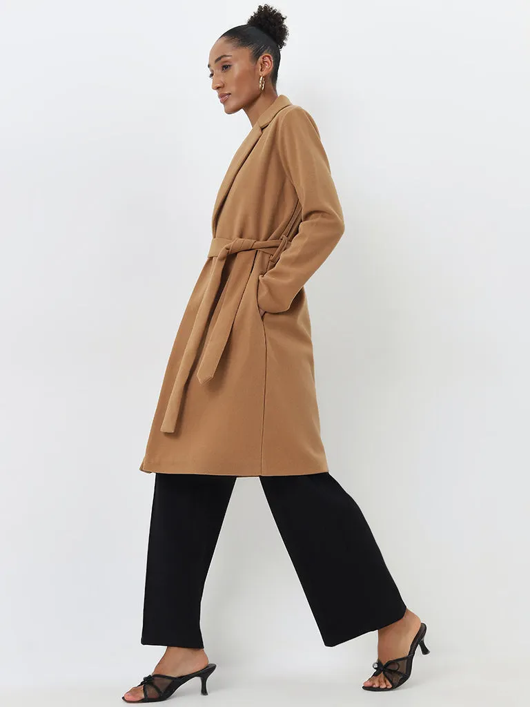 Wardrobe Tan Solid Long Coat with Belt